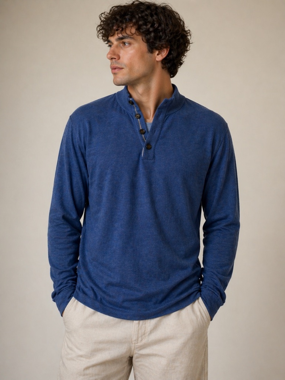 Banana Republic Cotton & Cashmere Blue Henley Sweater Size L Quiet Luxury